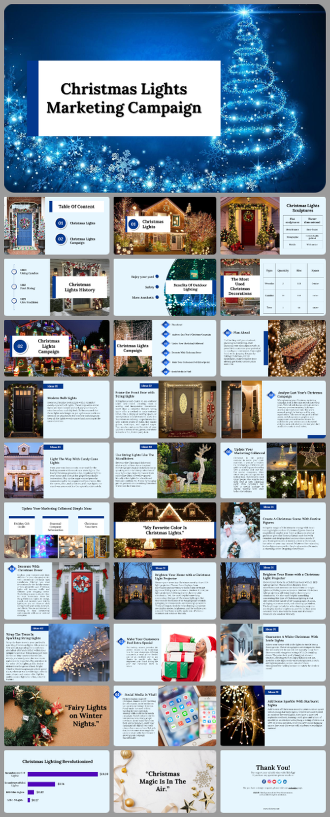 Slide deck showcasing a Christmas lights marketing campaign with a glowing tree cover image and various content sections.