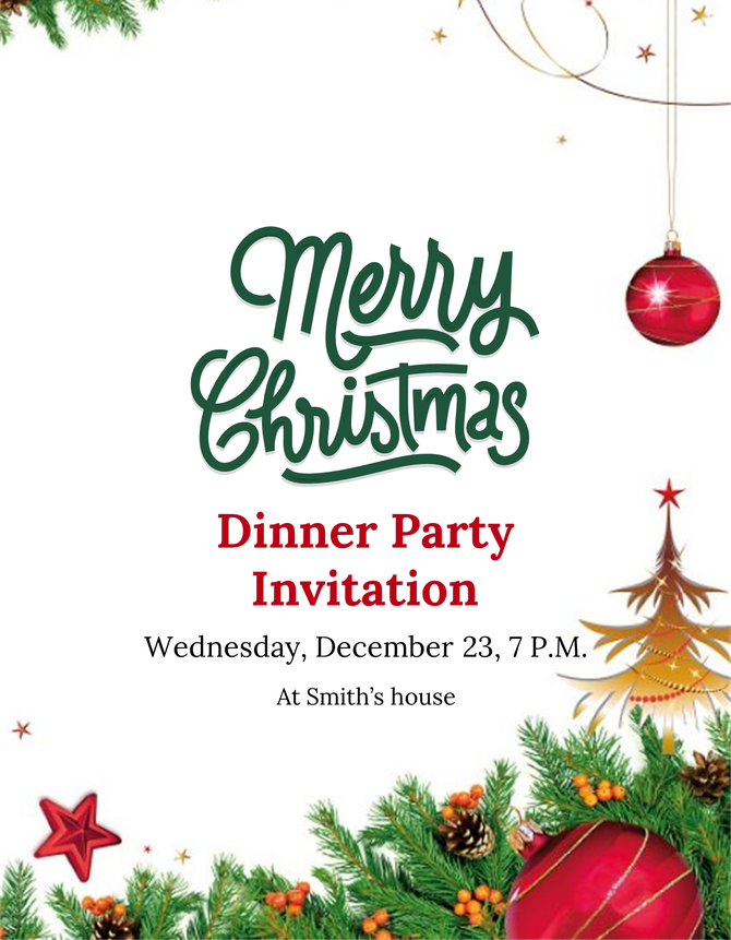 Invitation for Christmas dinner party with festive decorations, ornaments, and holiday greenery border.