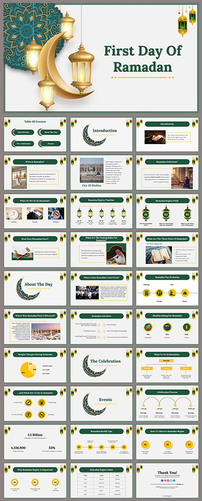 Green and gold themed Ramadan slide deck featuring crescent moons, lanterns, and decorative mandala designs.