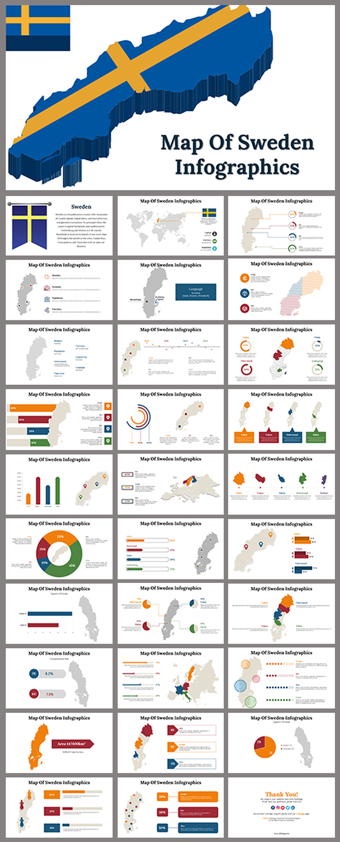Sweden infographic slide deck with various regional maps, data charts, icons, and flag elements in clean minimal layouts.