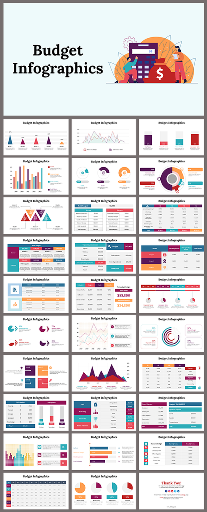 Budget Infographic slides featuring colorful graphs, pie charts, tables, and line graphs for detailed financial analysis.