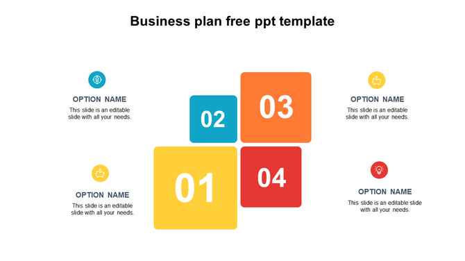 Business plan layout with four numbered squares in vibrant colors, paired with option text fields and icons on the sides.