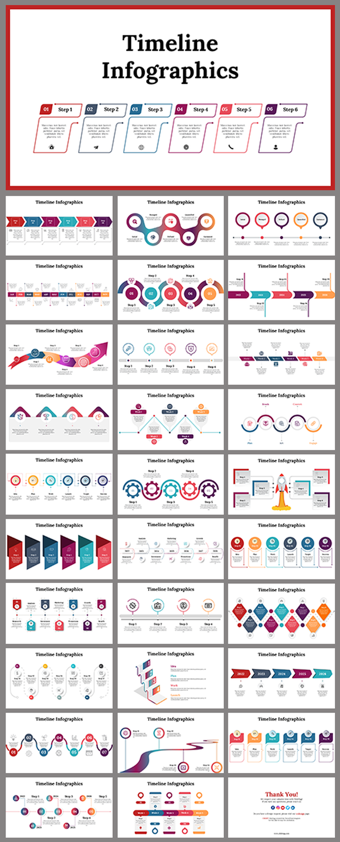 Slide deck featuring various timeline infographics, showcasing steps, processes, and stages with colorful icons and arrows.