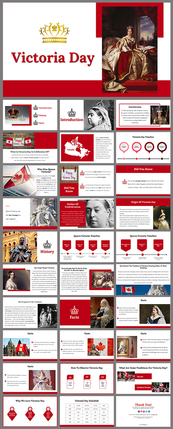 A pack of victoria day slides featuring a regal theme with a crown, historical images, and information about queen victoria.