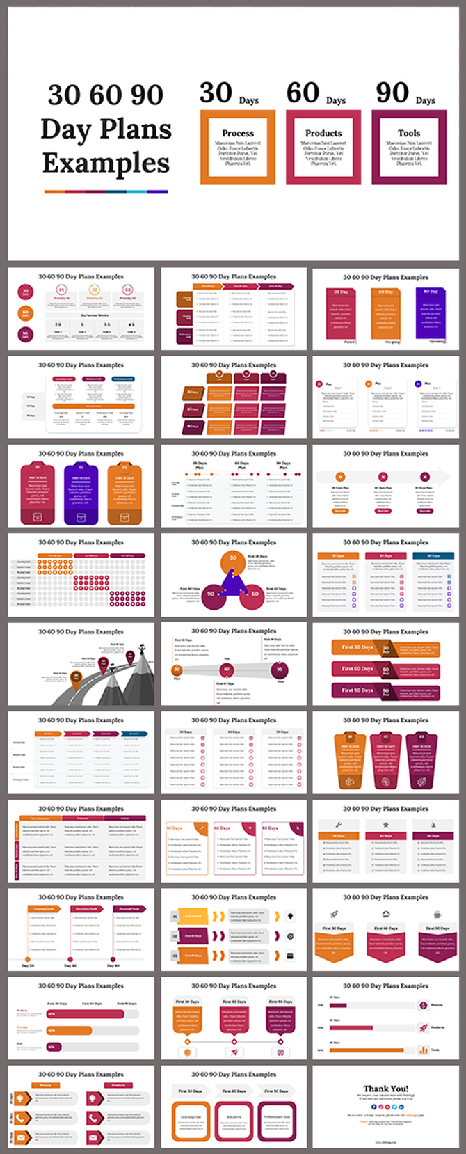 A set of 30, 60, and 90 day plan example slides with sections for processes, products, and tools, all in color blocks.