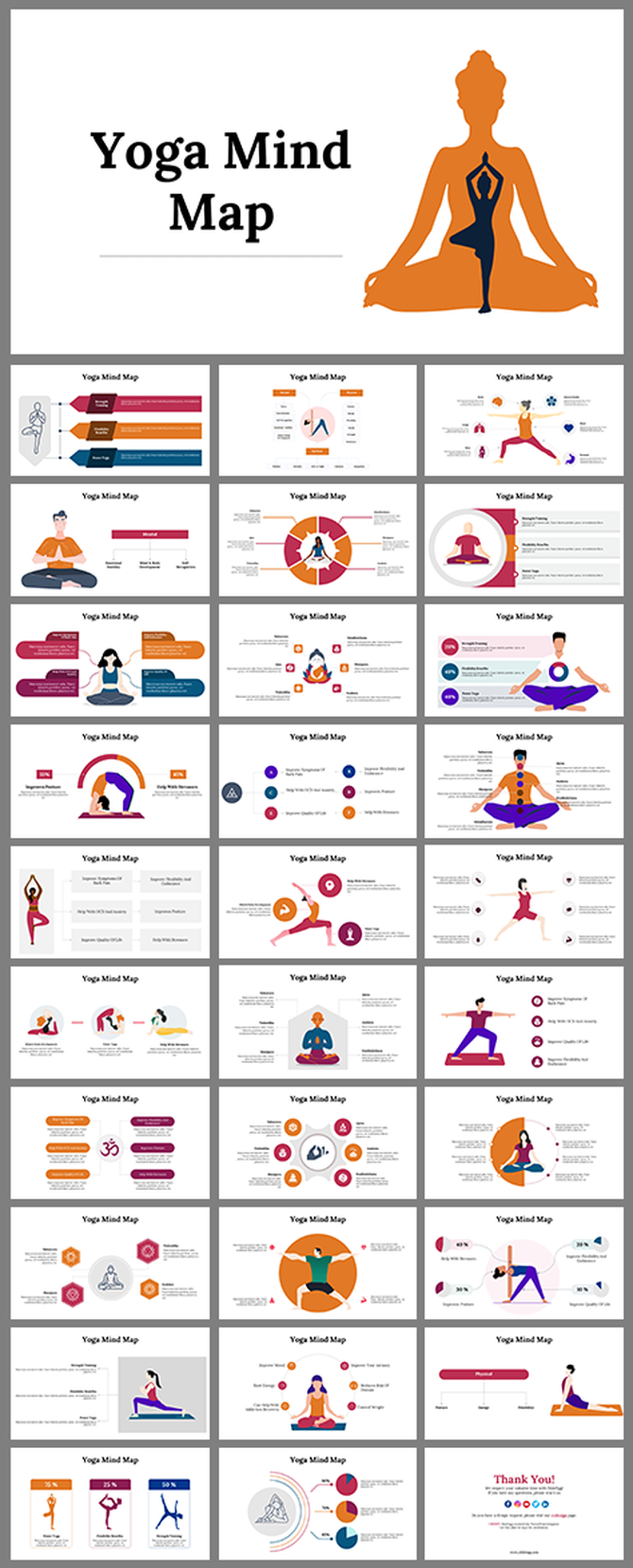 Slide pack with yoga poses and infographics in various shapes and colors, detailing techniques and benefits.