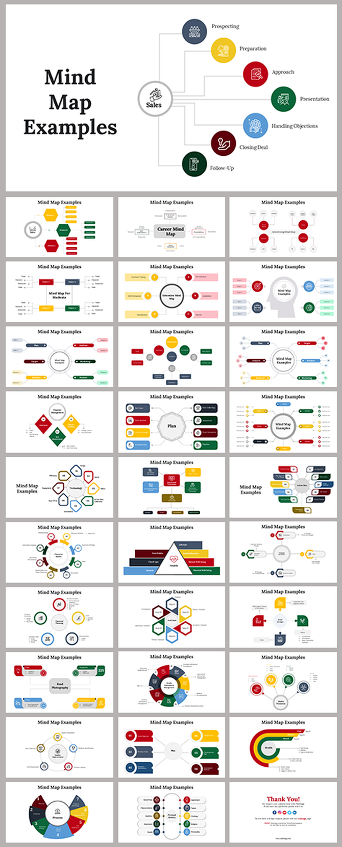 Infographic slides featuring different styles of mind maps, with colorful icons and shapes representing various concepts.