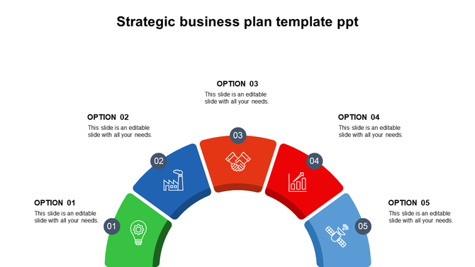 Semi circular infographic with five colorful segments representing business plan options, each with an icon.
