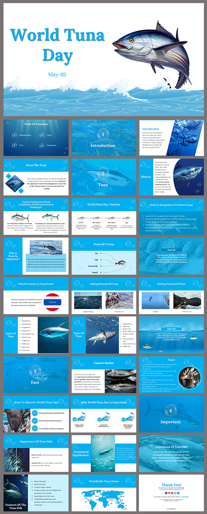 World tuna day slide deck featuring a large tuna fish illustration over a blue ocean background.