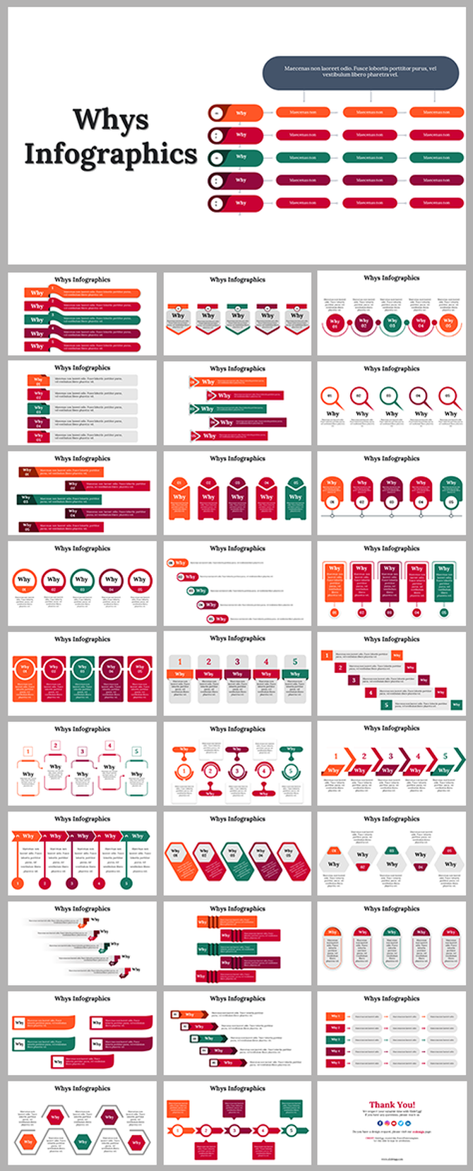 A colorful infographic slides design featuring the word Why and its context through symbols, flow charts, and data.
