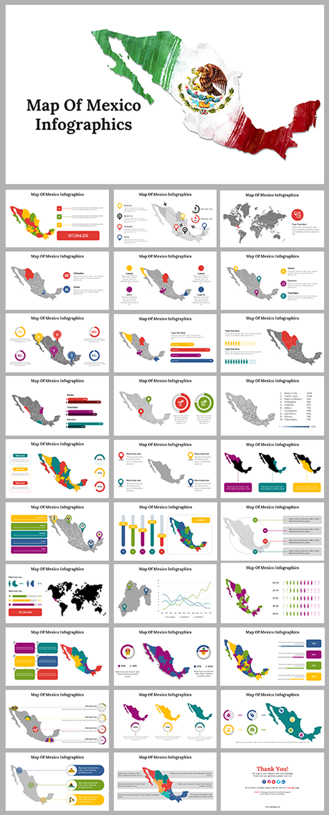 Collection of Mexico map showing demographics, data visualizations, and regional markers with icons in national colors.