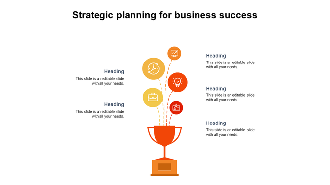 PowerPoint slide for strategic planning, featuring a colorful trophy and icons each with headings and placeholder text.