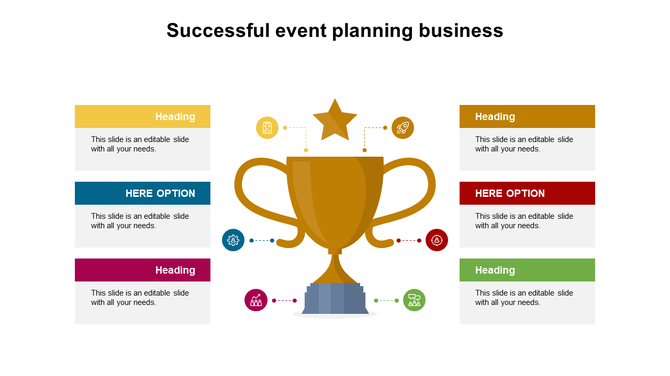 Trophy themed business infographic with six surrounding icons linked to colorful text areas positioned on both sides.