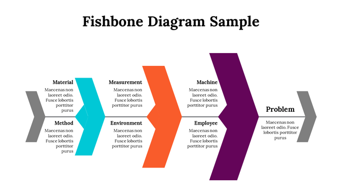 Fishbone diagram slide with categories from Material leading to a Problem in color coded arrows with text descriptions.
