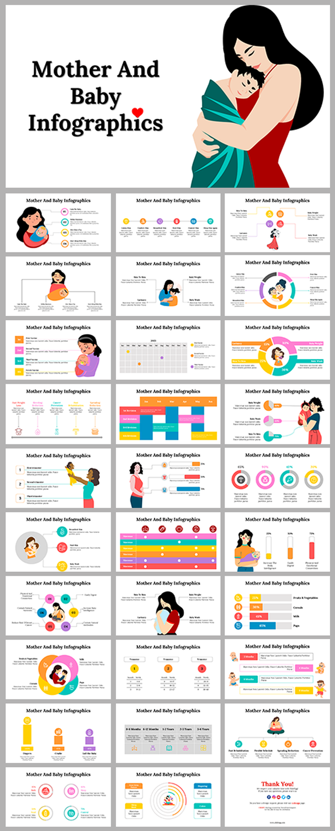 Slide deck of mother and baby infographics featuring illustrations of mothers with infants and various health-related charts.