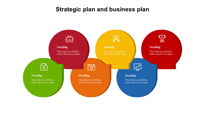 Strategic planning diagram with six vibrant circular sections, business icons, and text areas for descriptions.