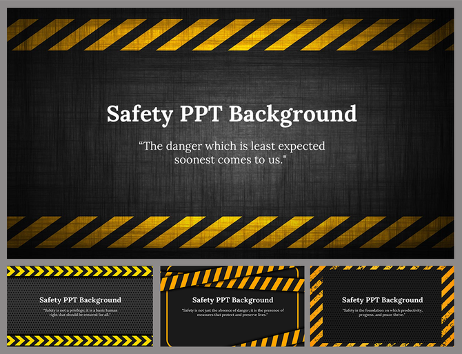 Pack of slides with yellow and black striped borders on a textured dark background, highlighting safety messages.