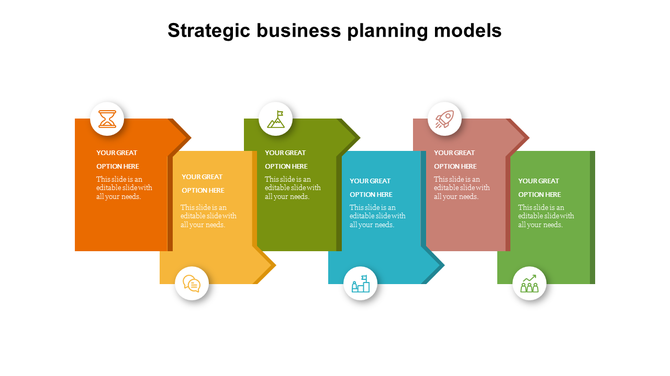 Colorful arrow shaped blocks in orange, yellow, green, blue, brown, and teal, aligned for strategic business planning models.