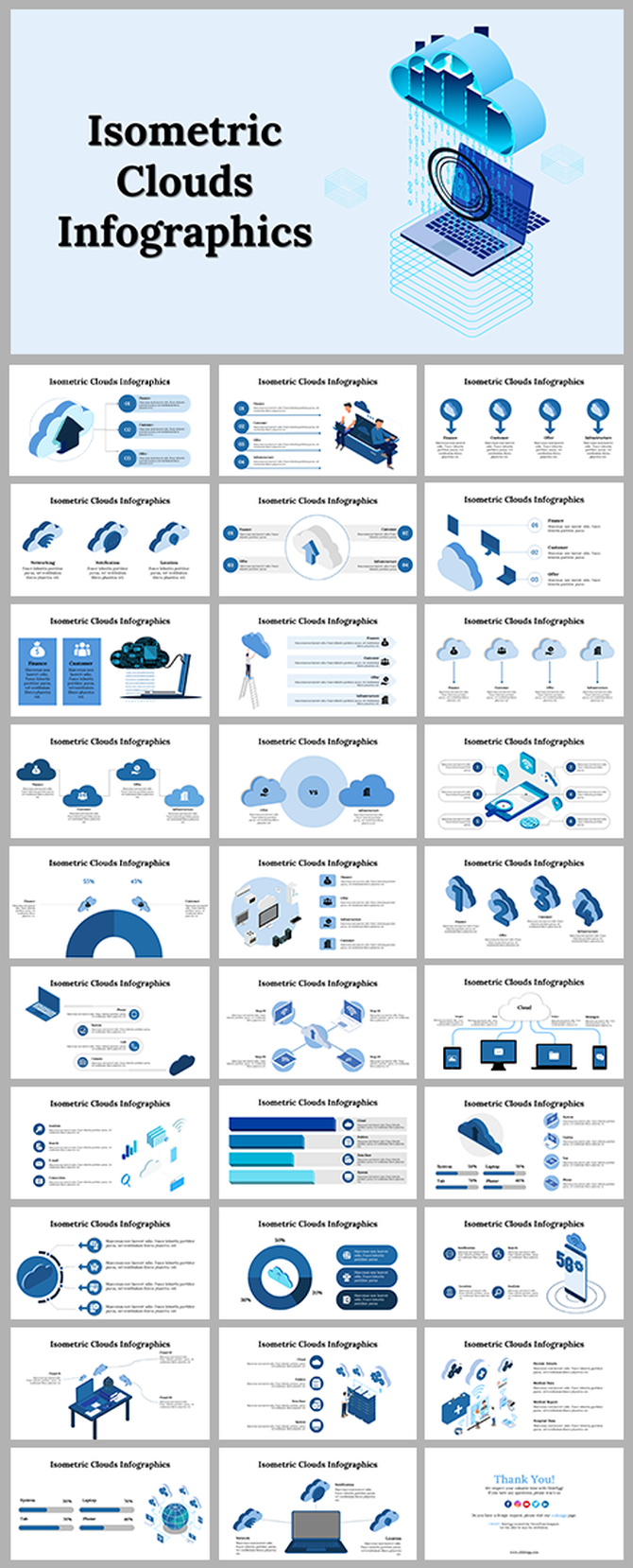 slide deck featuring isometric cloud infographics in blue shades, with icons, data charts, and computing visuals.