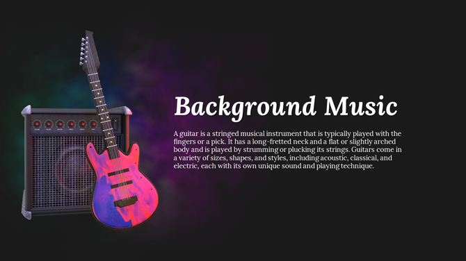 Vibrant guitar and amplifier set against a colorful purple and blue smoky background, symbolizing music and sound.