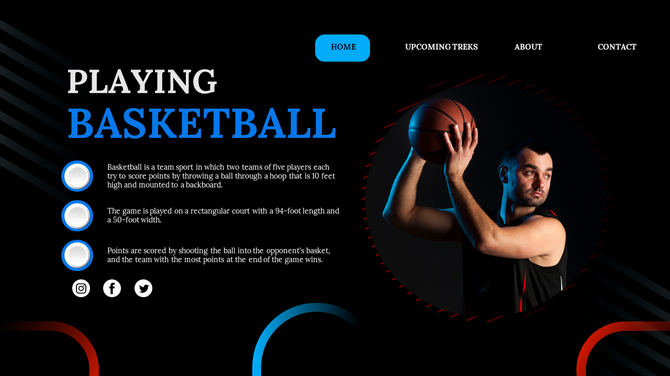 Dark slide with a basketball player, with blue and white text and three circular bullet points on the left.