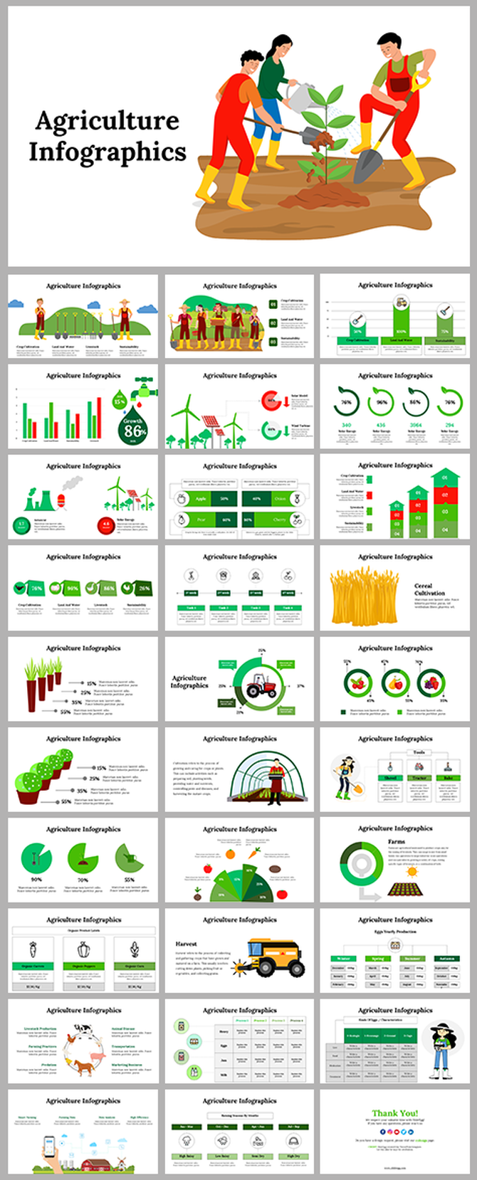 Collection of agriculture infographic slides showcasing data on farming, crop cultivation, and sustainable practices.