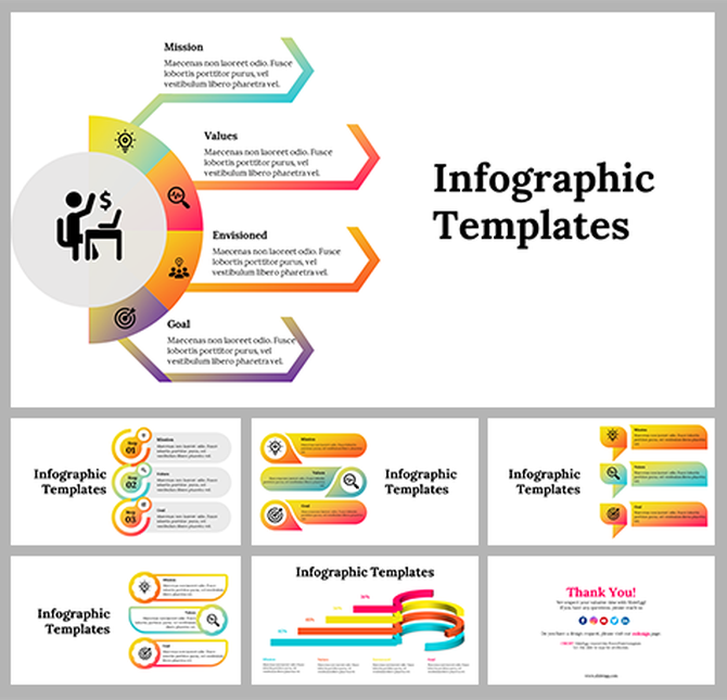 Infographic presentation with slides featuring various charts, graphs, and icons to visually represent data.