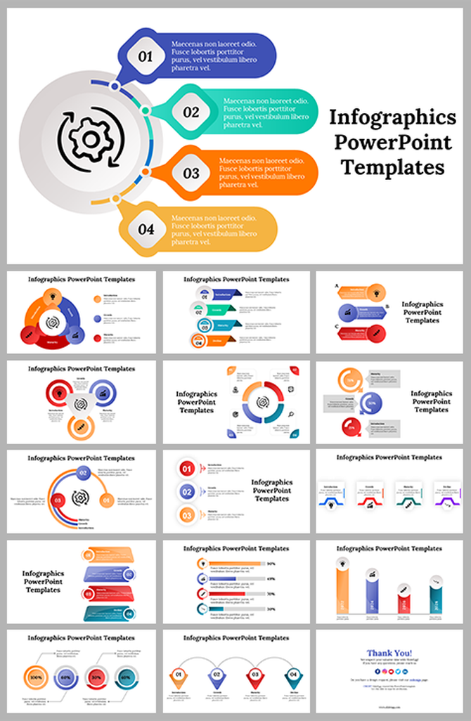 Infographic template grid with various designs, including circular process diagrams, bar graphs, and multi visual layouts.