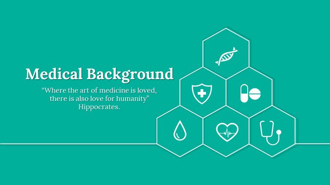 Slide featuring a quote on the left and a cluster of hexagonal medical icons on the right, set against a teal backdrop.