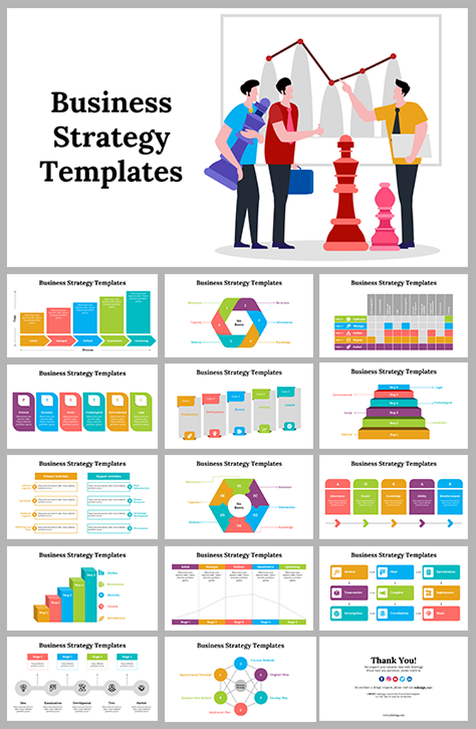 Alt: Overview of a Business Strategy Templates deck featuring colorful layouts for chess strategy visuals, pyramids, and process diagrams.