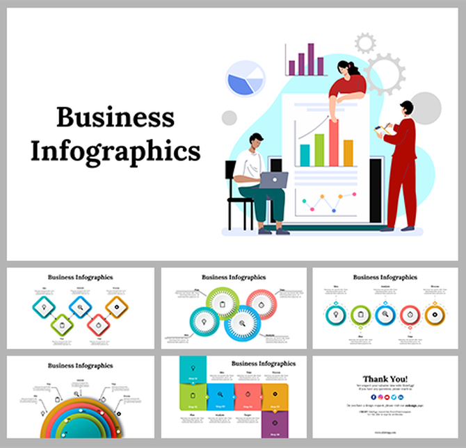 Business infographic templates featuring colorful diagram, circular charts, and graphs with icons illustrating data analysis.