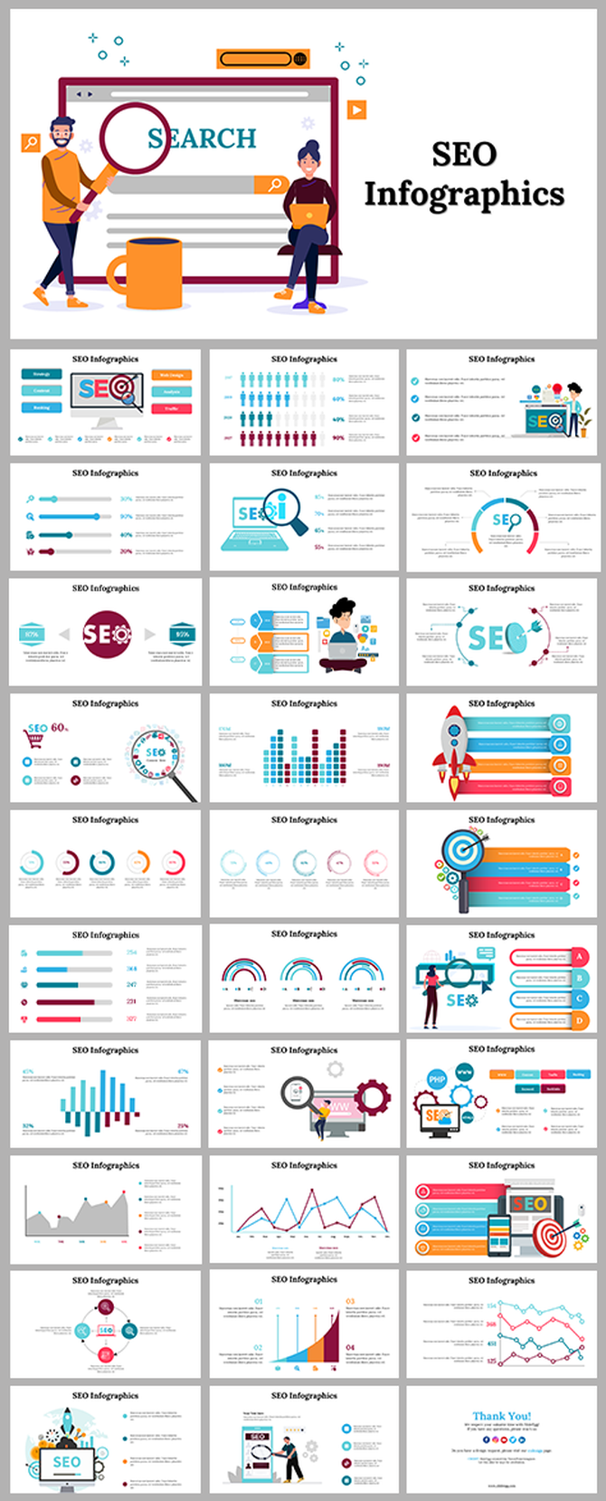 Collection of SEO infographic templates showcasing various search engine optimization concepts and strategies.