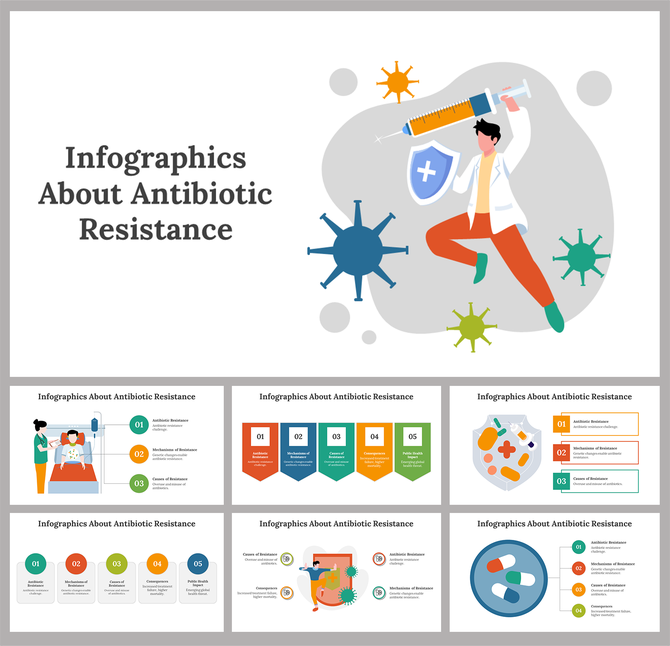 Slide deck with antibiotic resistance infographics, showing visuals like charts, pills, and a doctor with a syringe.