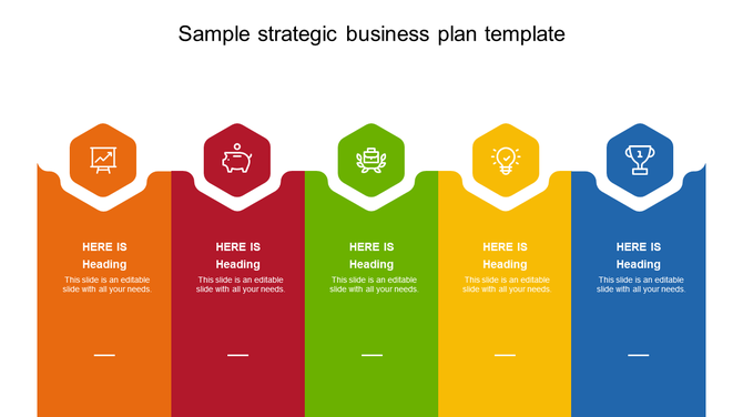 Strategic plan diagram with five tall blocks in different colors, each containing a hexagonal business related icon and text.
