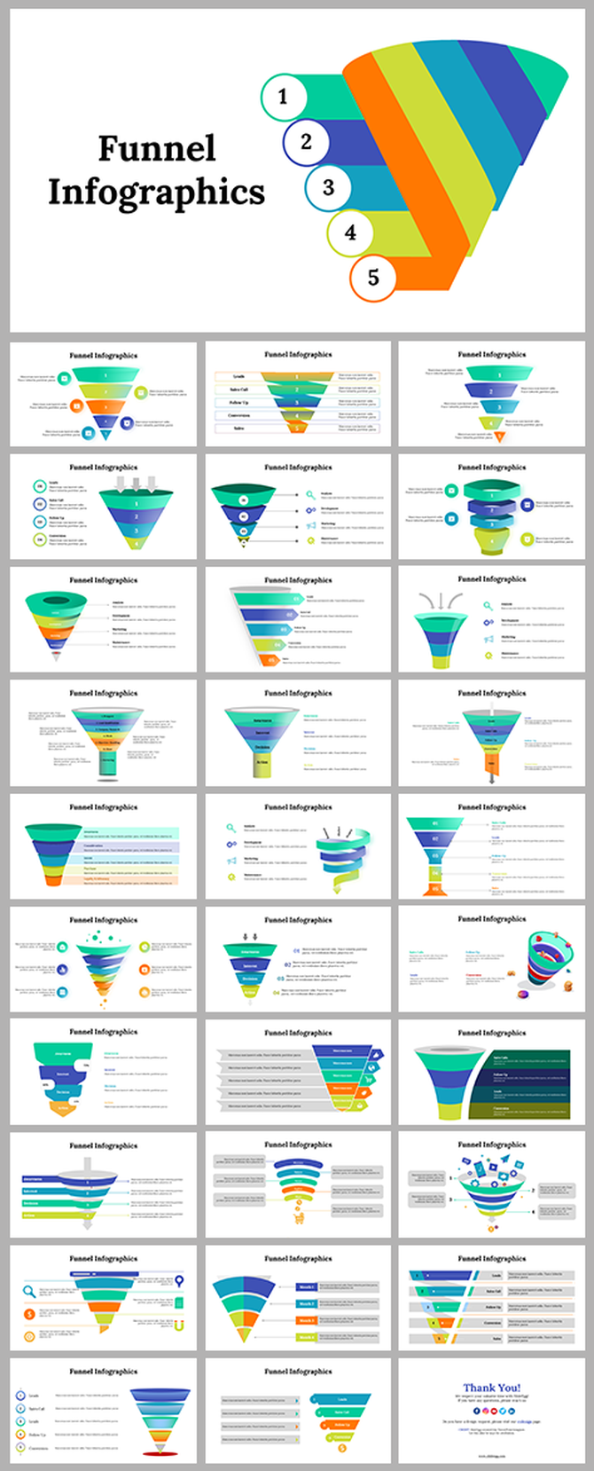 Colletion of slides with colorful, gradient funnel shapes and icons, showcasing various stages and data points.