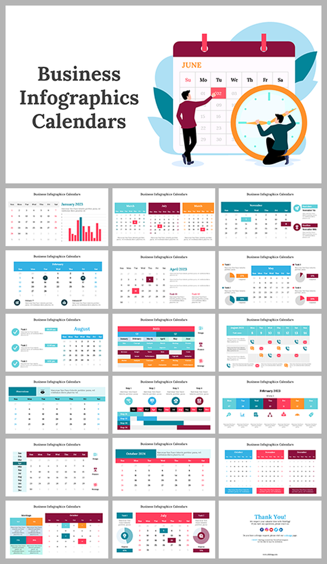 Collection of business infographic calendar slides with colorful layouts for months, including charts, graphs, and icons.