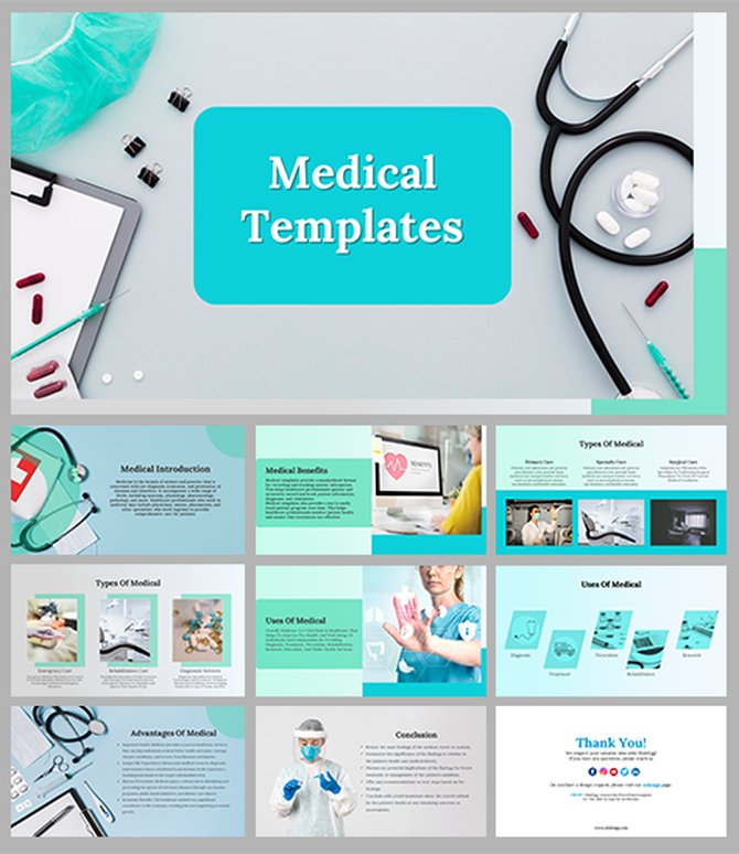 Medical template set with visuals of healthcare tools, professionals in PPE, and digital related to medical types and uses.