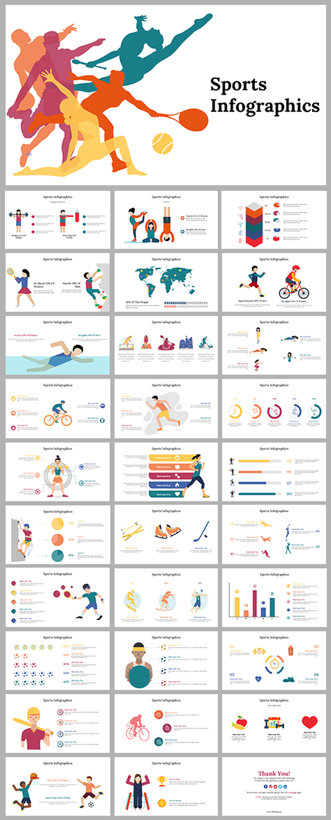 Slide deck with sports themed infographics, including figures in dynamic poses, graphs, and icons in diverse colors.