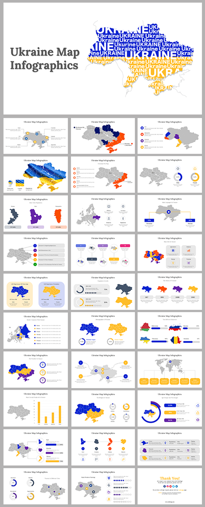 Slide deck featuring infographics of Ukraine, with maps in various colors highlighting regions and statistical charts.