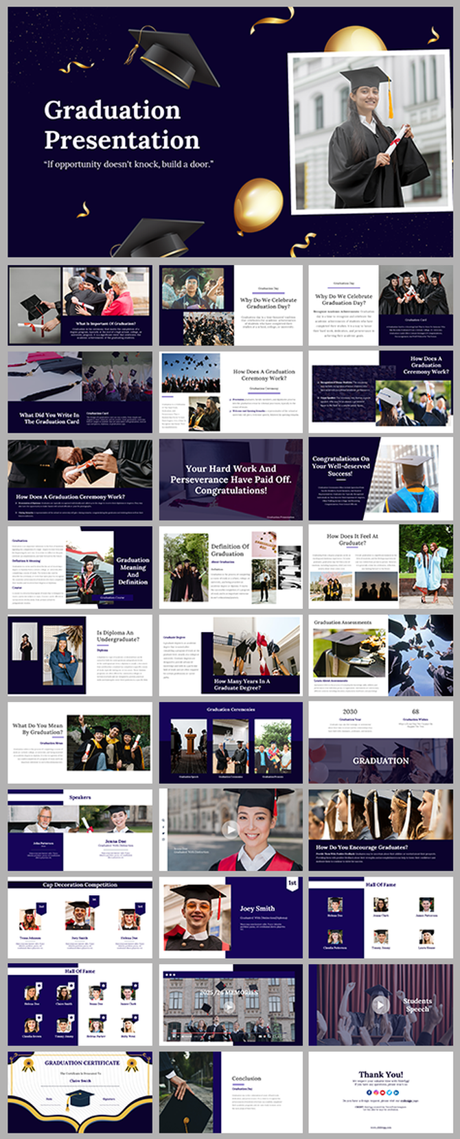 Slide deck with navy and gold design, highlighting student profiles, graduation events, ceremonies, and academic milestones.