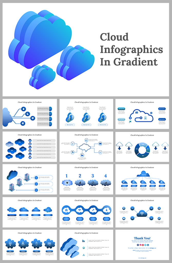 Cloud themed slide deck featuring blue gradient designs, diagrams, and structured infographics.