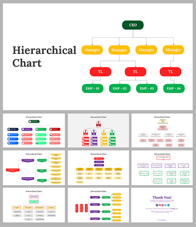 Hierarchical chart slides with a CEO at the top, followed by multiple managers in colorful boxes in different layout designs.