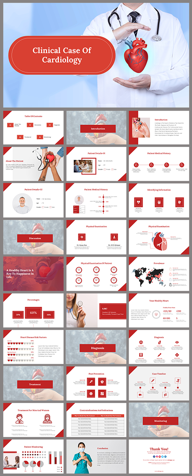 Alt: Clinical Case of Cardiology cover slide with doctor holding glowing heart graphic on red and white background.