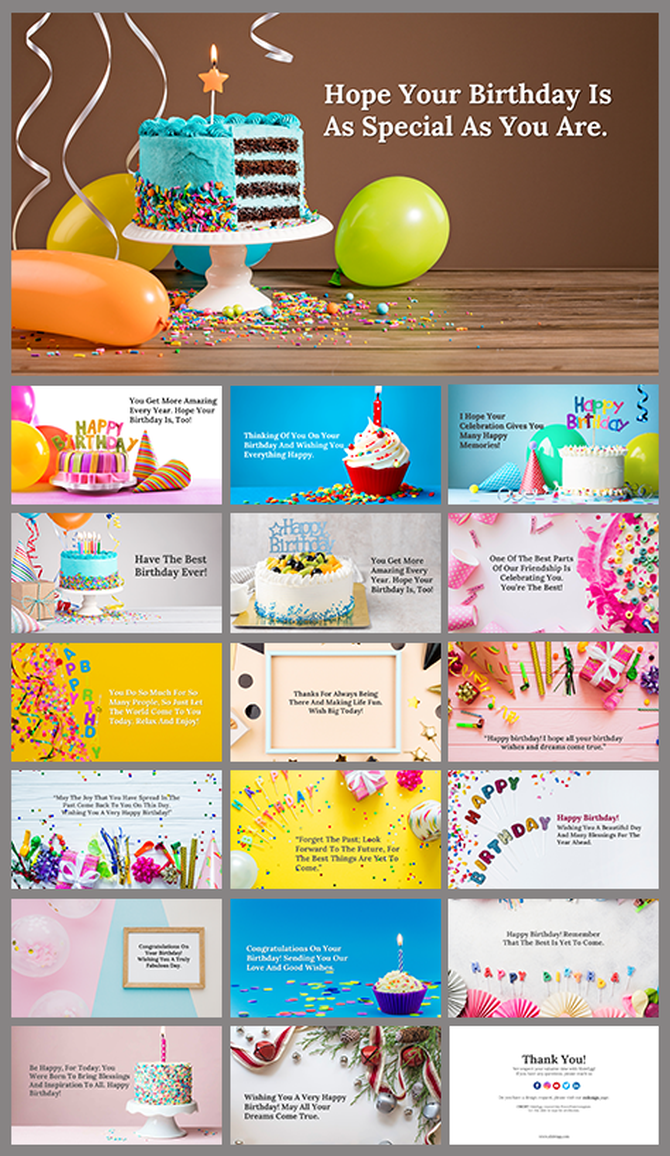 Colorful birthday PowerPoint slides with cake, balloons, and celebratory colorful themes.