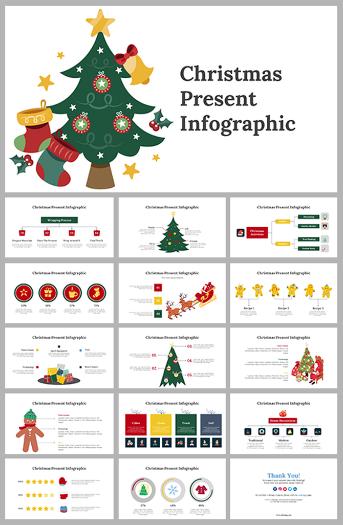 Slide deck with bright colors showcasing infographics on Christmas presents, gift ideas, and holiday statistics.