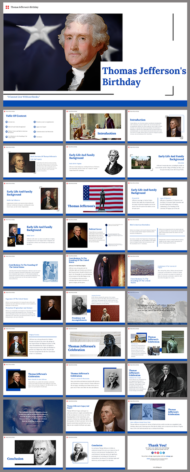 Slide deck on Thomas Jefferson, with blue accents and images covering his biography, presidency, and achievements.