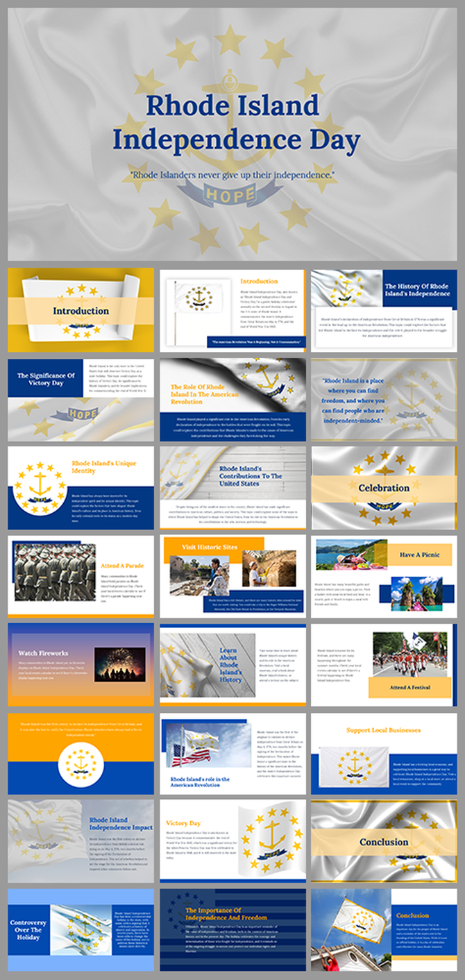 Rhode island independence day slides with various layouts, including text, images, and themed decorative elements.