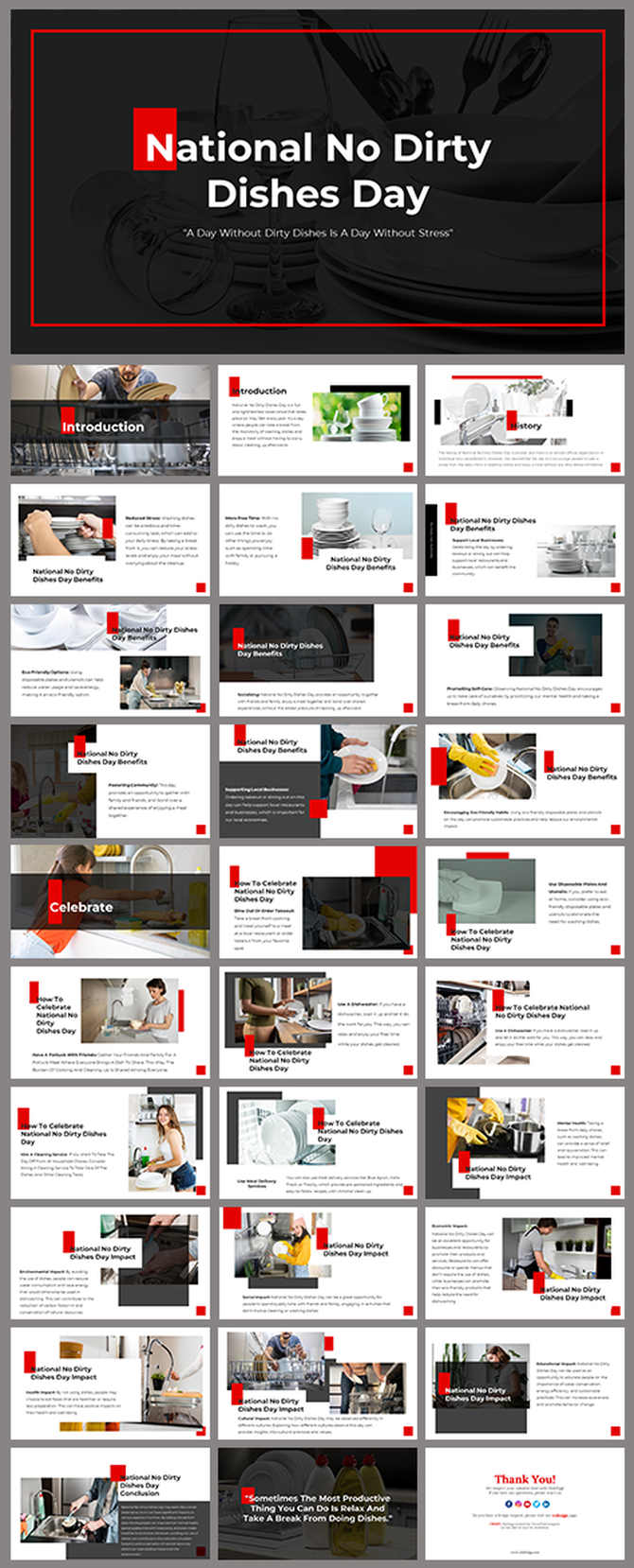 National no dirty dishes day slide deck, featuring red accents, with sections on its history, benefits, and how to celebrate.