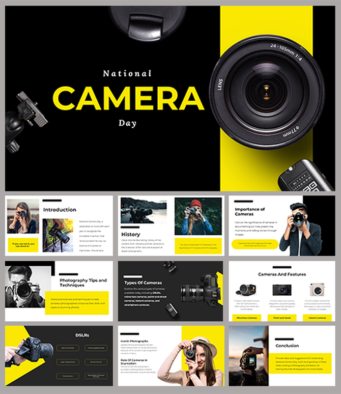 National Camera day slides with various camera models, photography tips, and sections on types of cameras and their features.