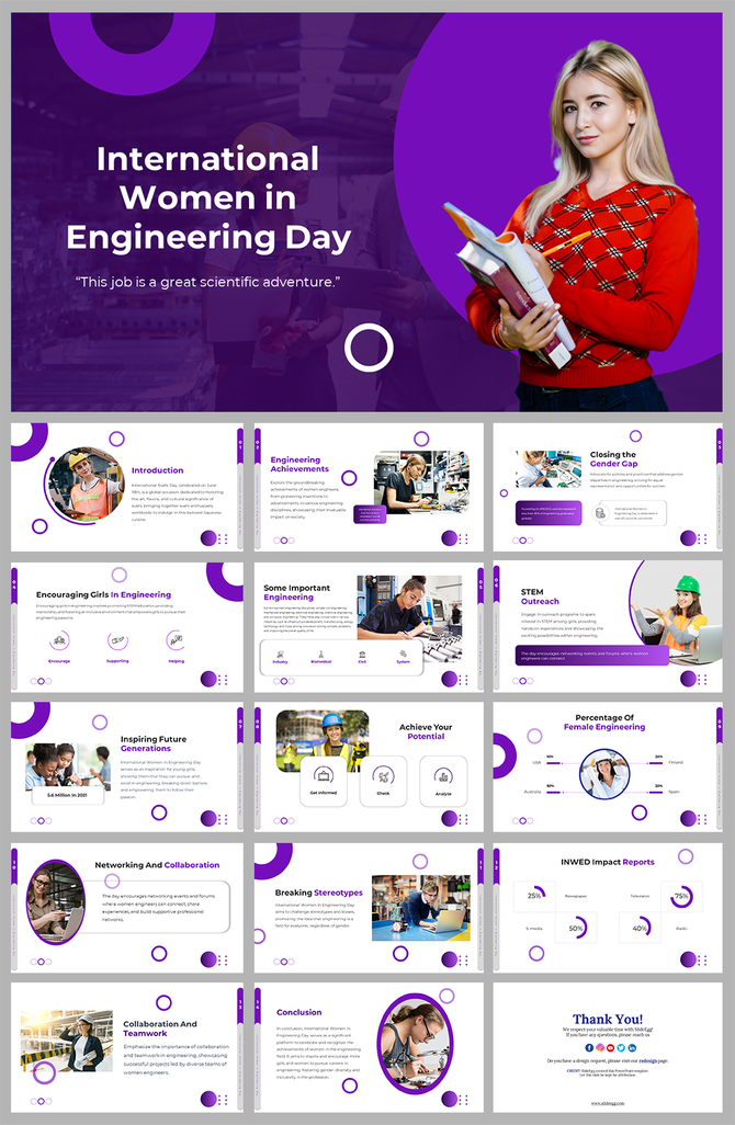International women in engineering day slides with purple theme, highlighting achievements and closing the gender gap.